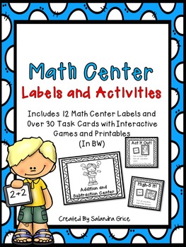 Preview of Math Center Labels and Activities-BW