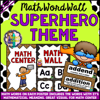 Preview of Math Center Vocabulary Cards Superhero Theme (Mathematical Language Cards)