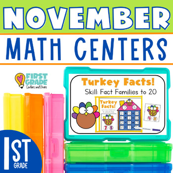 Preview of Math Centers November 1st Grade Morning Tubs Games for Fall Addition Fact Family