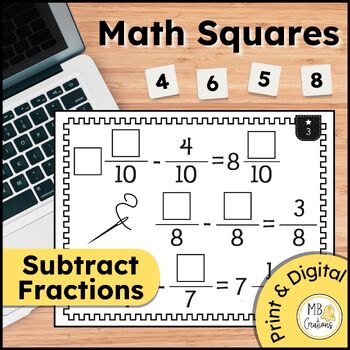 Preview of 4th Grade Subtract Fractions Math Tiles - Gifted Enrichment File Folder Game