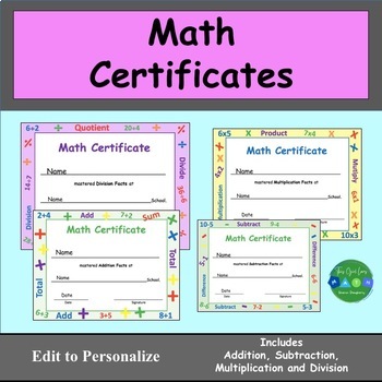 Preview of Math Certificates for Addition, Subtraction, Multiplication and Division Facts