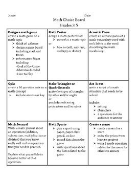 Preview of Math Choice Board Grades 3-5
