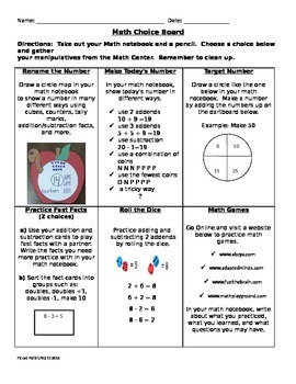 Preview of Math Addition and subtraction Choice board