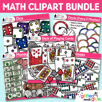 Preview of Math Clipart Bundle: Dominoes Dice Money Clocks & Playing Cards Clip Art PNG