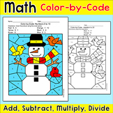 Winter Math Snowman Color by Number: Add, Subtract, Multip