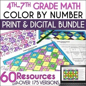 Preview of Math Color by Number Print and Digital Math Activities 4th-7th Grade, Centers