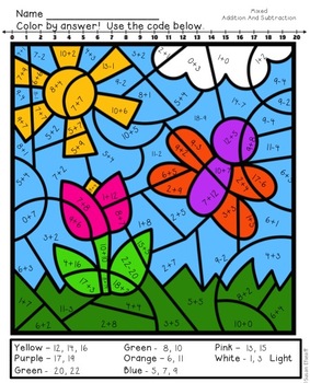 math coloring sheets for spring addition and subtraction to 20