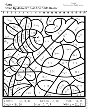 math coloring sheets for spring addition and subtraction to 20