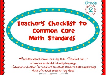 Preview of 2nd Grade Common Core Math Standards Guide and Assessment Checklist