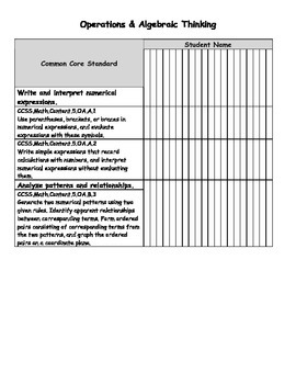 Preview of Math Common Core Standard Tracking Chart - Grade 5