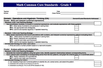 Preview of Math Common Core Standards Checklist for Lesson Plans xls - Grade 5