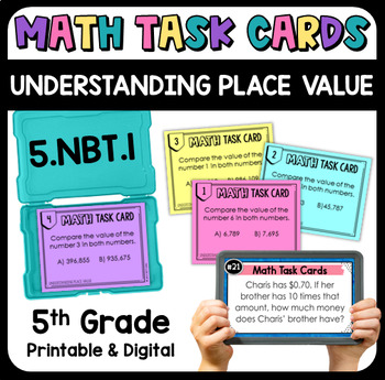 Preview of Understanding Place Value Math Task Cards - Printable & Digital 5.NBT.1