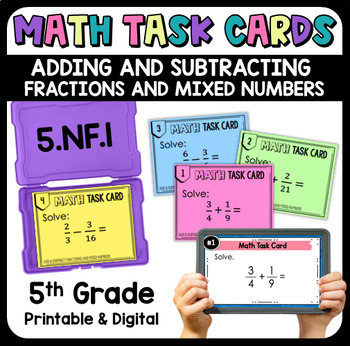 Preview of Add and Subtract Fractions & Mixed Numbers Math Task Cards w/ Digital 5.NF.1