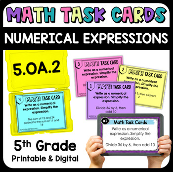Preview of Numerical Expressions Math Task Cards - Printable & Digital 5.OA.2