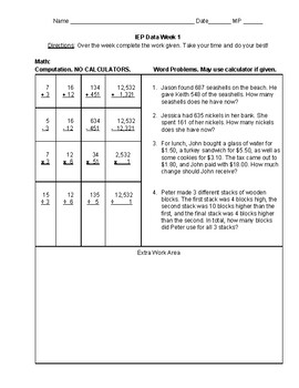 Preview of Math Computation and Word Problems - Year Long IEP Data Collection (36 weeks)