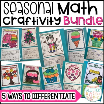 Preview of Math Craftivity Bundle - 15 Seasonal Math Crafts Add, Subtract, Count & More!