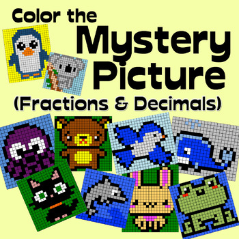 Preview of Math Cute Animals Mystery Pictures - Fractions and Decimals pack