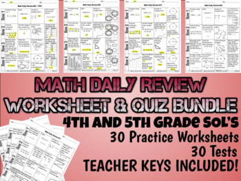 Preview of Math Daily Review Worksheet Bundle - 5th Grade SOL's - 30 WS, Keys, & 30 Tests!