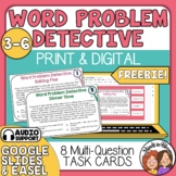 Word Problems Detective Task Cards FREEBIE Math Multi-Step Stories with Audio