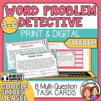 Preview of Word Problems Detective Task Cards FREEBIE Math Multi-Step Stories with Audio