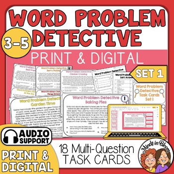 Preview of Word Problems Detective Task Cards: Beginner Set - Math Story Problems w/ Audio