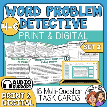 Preview of Word Problems Detective Task Cards: Advanced Math Multi-Step Stories - Audio