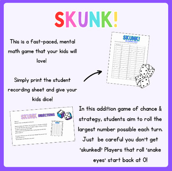 Preview of Math Dice Game with addition & subtraction- Skunk!