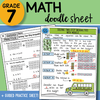 Preview of Math Doodle- Solving Two-Step Inequalities with Models - Easy to use Notes w PPT