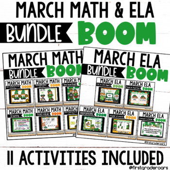 Preview of Math & ELA Boom Digital Task Cards MARCH Mega Bundle St. Patrick's Day