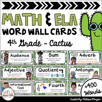 Preview of Math & ELA Word Wall Editable 4th Grade Bundle - Cactus