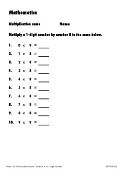 Preview of Math - Eight times (8x) a 1-digit number - BBTM8B1E1 - 10 sums (1 page) 