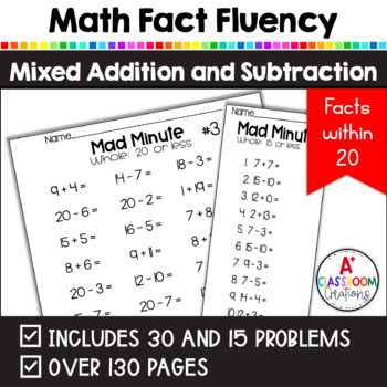 Preview of Math Fact Fluency Addition and Subtraction within 20 worksheet assessments