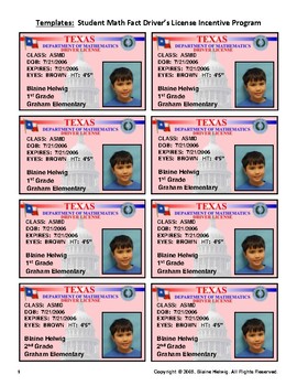 Preview of TEXAS Math Driver's License - Math Fact Incentive Program -TEMPLATES - FREE