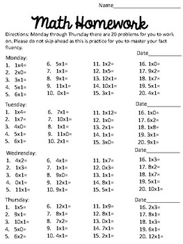Preview of Math Fact Multiplication Homework Monday through Friday