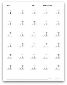 Math Facts Worksheets: Addition of 11 and 12 (30 per page, 1:30 minutes)