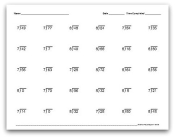 math facts worksheets division by 7 and 8 30 per page 1 30 minutes