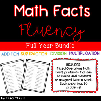 Preview of Math Facts Fluency Drills Tests Mixed Operations Full Year Bundle