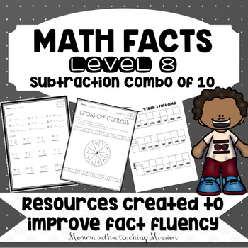 Preview of Math Facts Level 8 Fact Fluency Subtraction Combinations of 10 facts