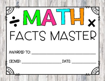Preview of Math Facts Master Award