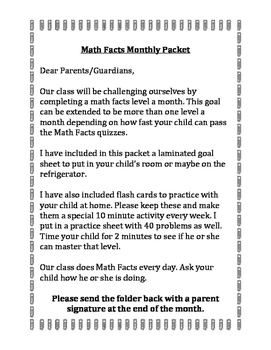 Preview of Math Facts Monthly Packet Letter for Parents!