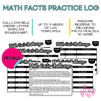 Preview of Math Facts Practice Challenge Log (9 Weeks- editable letter)