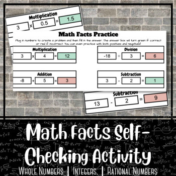Preview of Math Facts Self-Checking Google Sheets Activity [Whole, Rational, Integers]