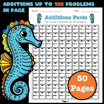 Preview of Math Facts Up to 100 Operations in Page , Additions for 1 to 10 / Seahorse theme