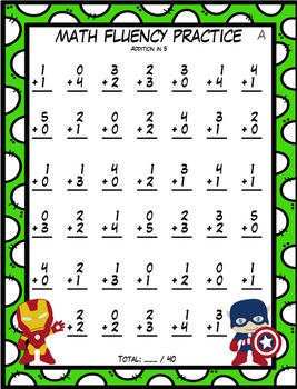 Avengers Addition and Subtraction Fluency Practice - in 5s 10s and Doubles