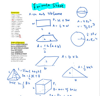 Preview of Math Formula Sheet with Visual Aids 6th-9th
