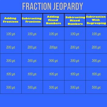 Preview of Math Fractions Jeopardy