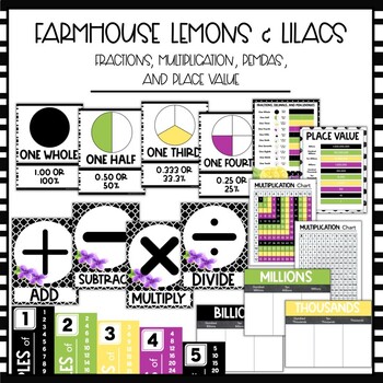 Preview of Math Fractions, Multiplication, PEMDAS, Place Value - Farmhouse Lemons & Lilacs