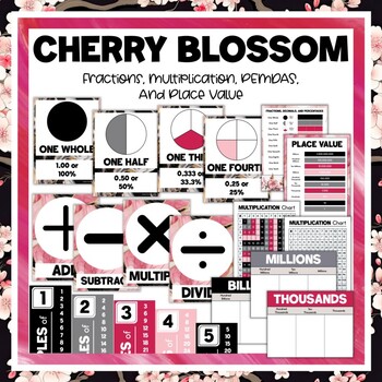 Preview of Math Fractions, Multiplication, PEMDAS, and Place Value - Cherry Blossom