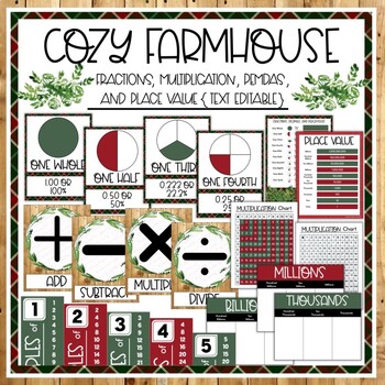 Preview of Math Fractions, Multiplication, PEMDAS, and Place Value - Cozy Farmhouse