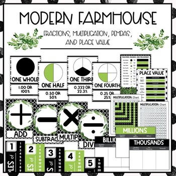 Preview of Math Fractions, Multiplication, PEMDAS, and Place Value - Modern Farmhouse